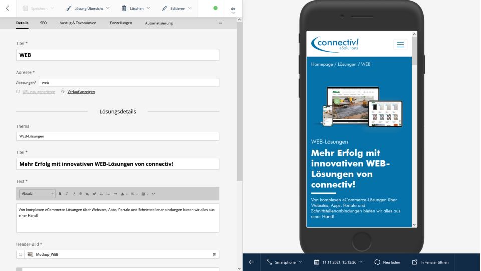 Screenshot vom Sulu Backend zur Contentpflege mit Vorschau