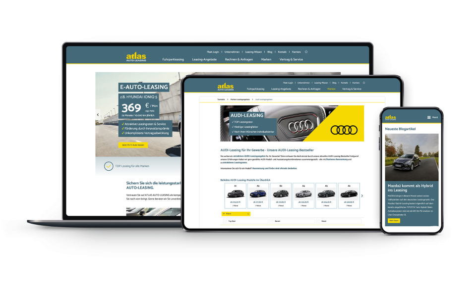 Screenshots auf verschiedenen Geräten mit Website von Atlas Leasing